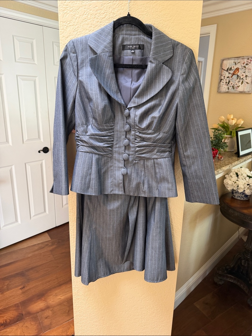 Vintage Nine West Dark Gray Pinstriped Suit Tailored Jacket & Skirt